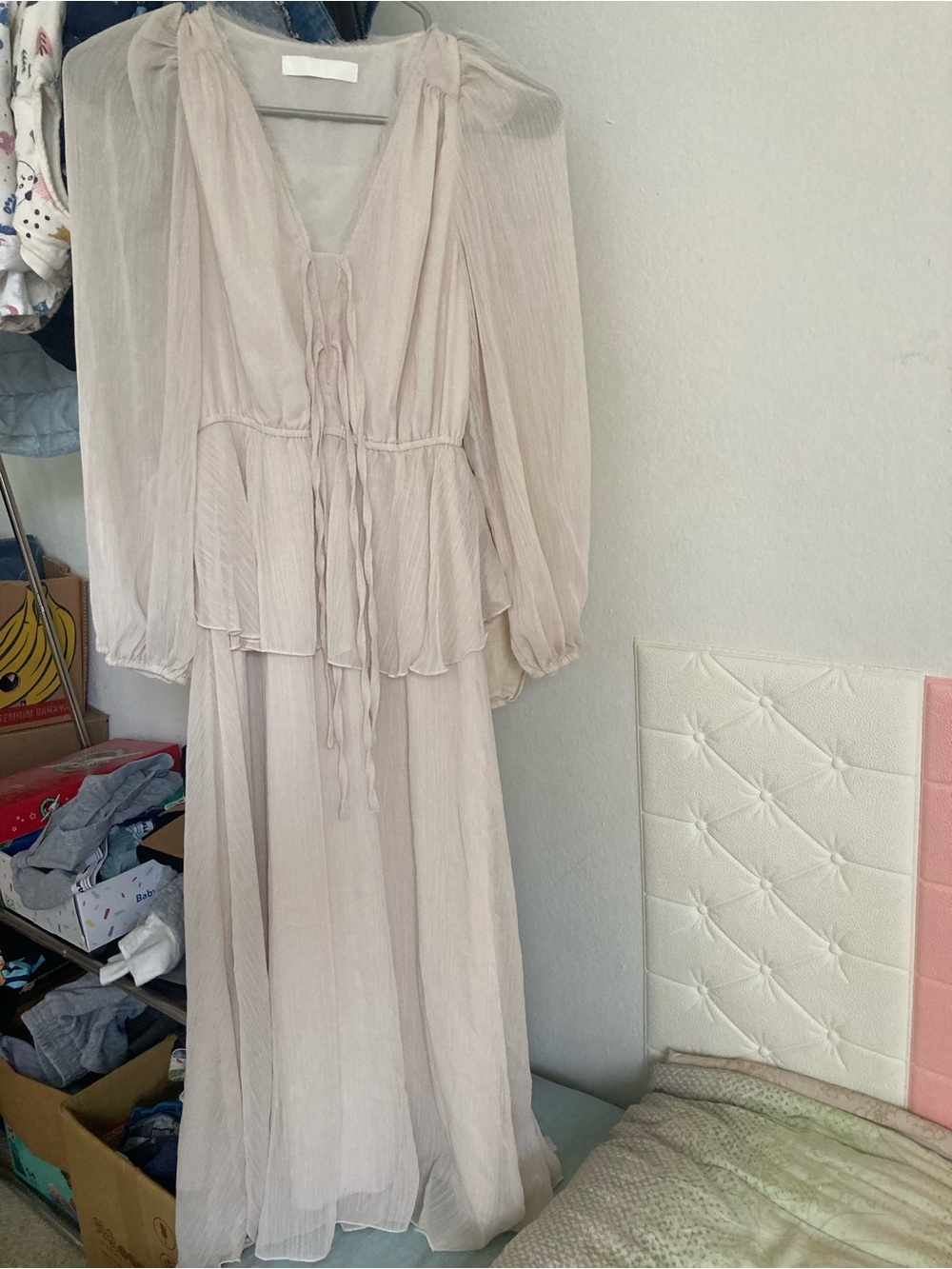 AT Beige Chiffon Ruffle Pleated Midi Dress XS